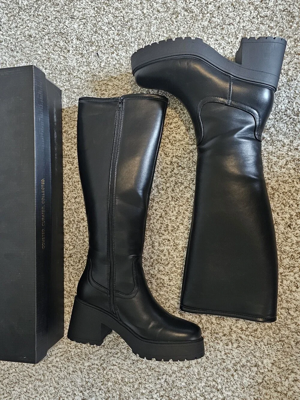 Lulus Whitlie Black Platform Knee-High Lug Sole Boots Size 8